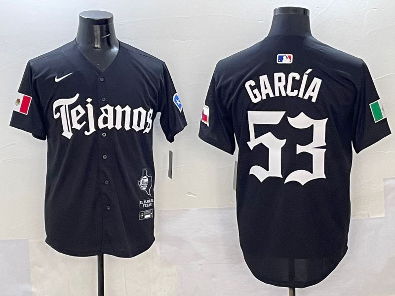 Men Texas Rangers 53 Garcia Black Five generations Joint Name 2025 Nike MLB Jersey style 1